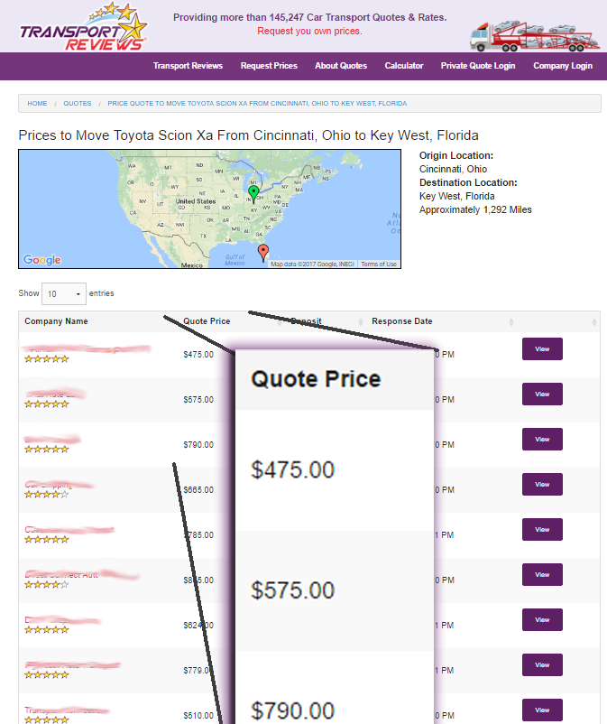 The next screen shows price quotes from auto transport companies.